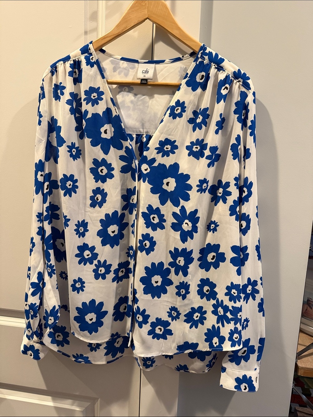 CAbi White Blouse with Bold Blue Floral Print
